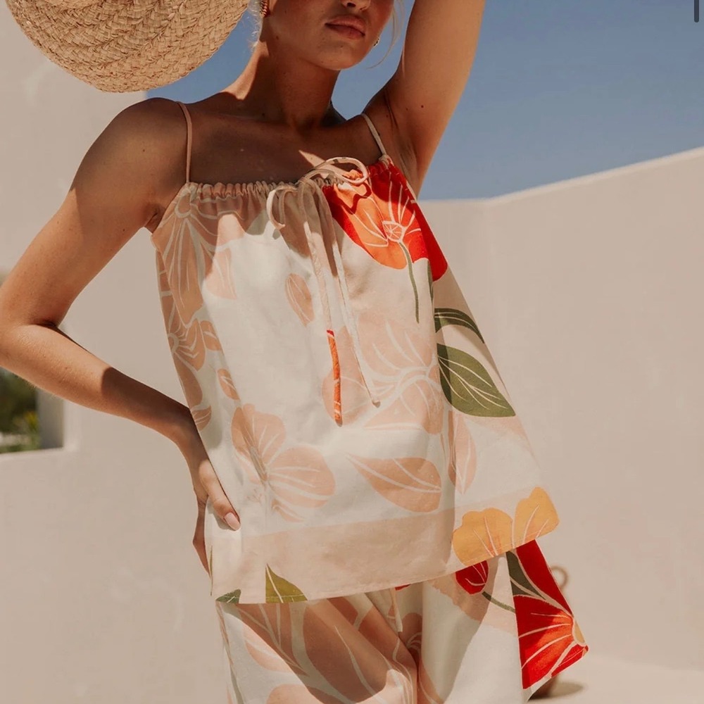 Sabo Jetta Linen Blend Top in Orange Floral Petal Scarf Print XS Beach Coastal